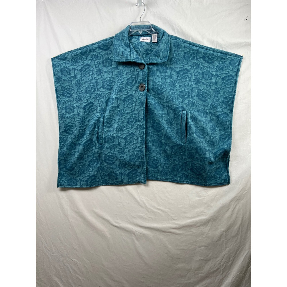 Le Moda Poncho Women One Size Teal Floral Damask Fleece Button Cape Layering